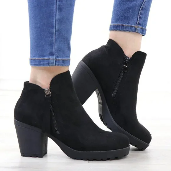 Black Chunky Heel Ankle Boots Suede Lug High Heel Booties - Picture 8 of 15